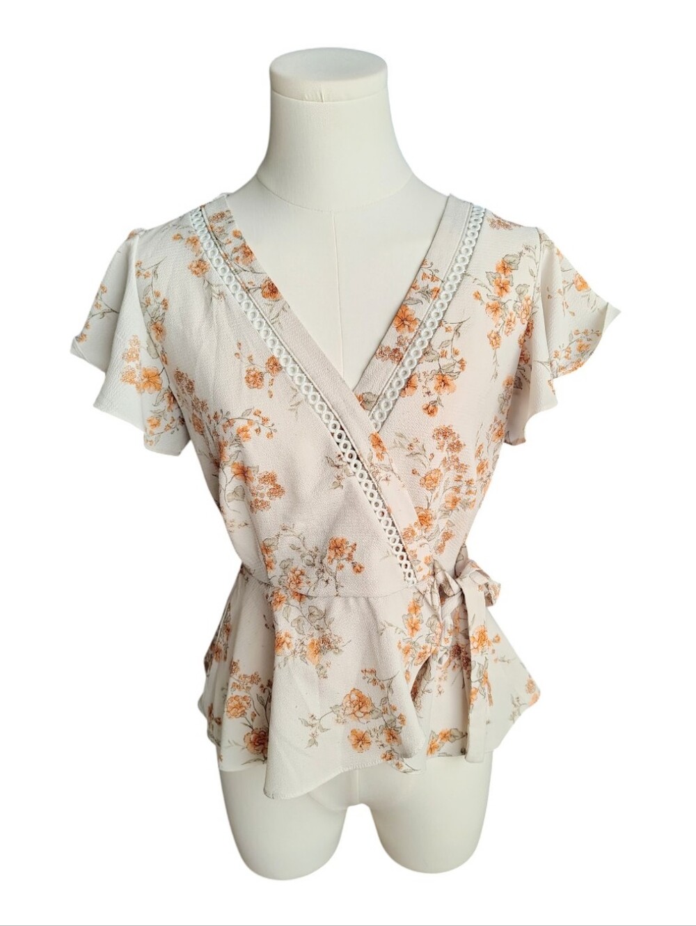 Mine Anthropologie Dainty Tan Orange Floral Wrap Cutout Tie Blouse Size Small